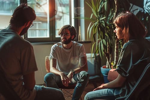 Três pessoas sentadas em uma sala, engajadas em uma conversa animada e interativa entre si.
