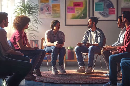 Um grupo de pessoas sentadas em círculo, interagindo e compartilhando ideias em um ambiente colaborativo.
